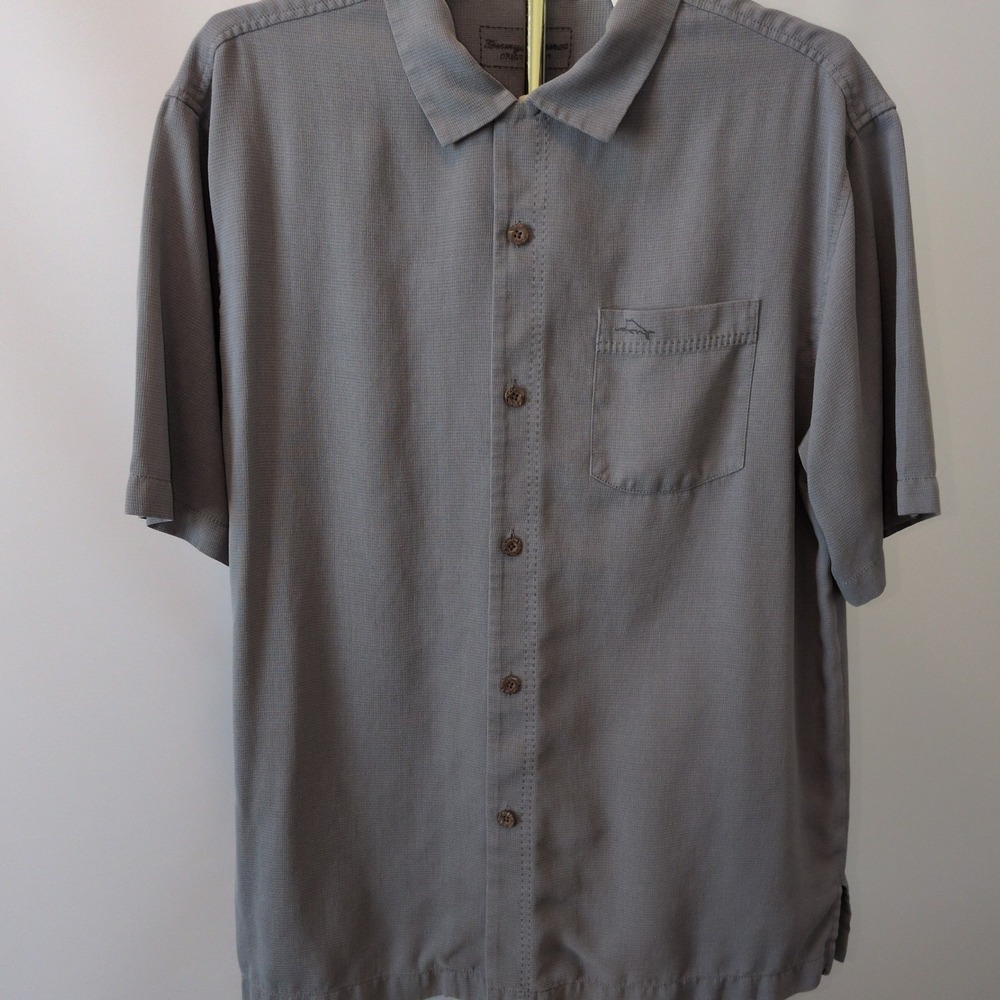 Tommy Bahama Island Zone Men L Grey Silk Blend Short Sleeve Shirt Excellent